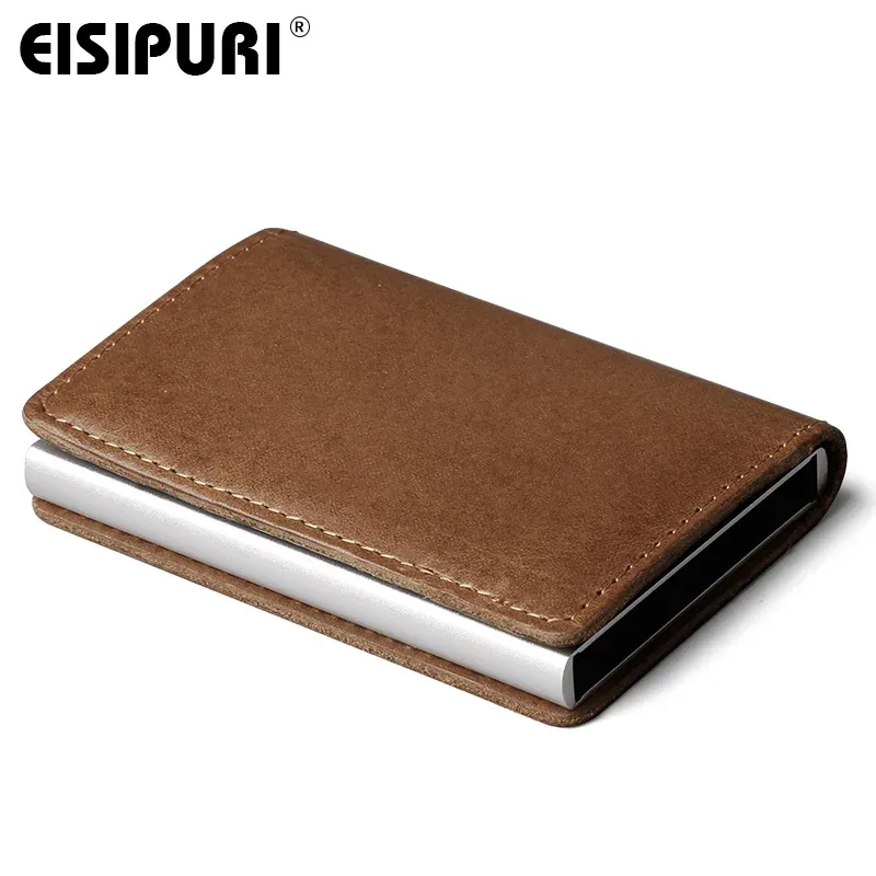 Holders EISIPURI Men Blocking Rfid Wallet Mini Genuine Leather Business Aluminium Credit Card Holder Purse Automatic Pop Up Card Case