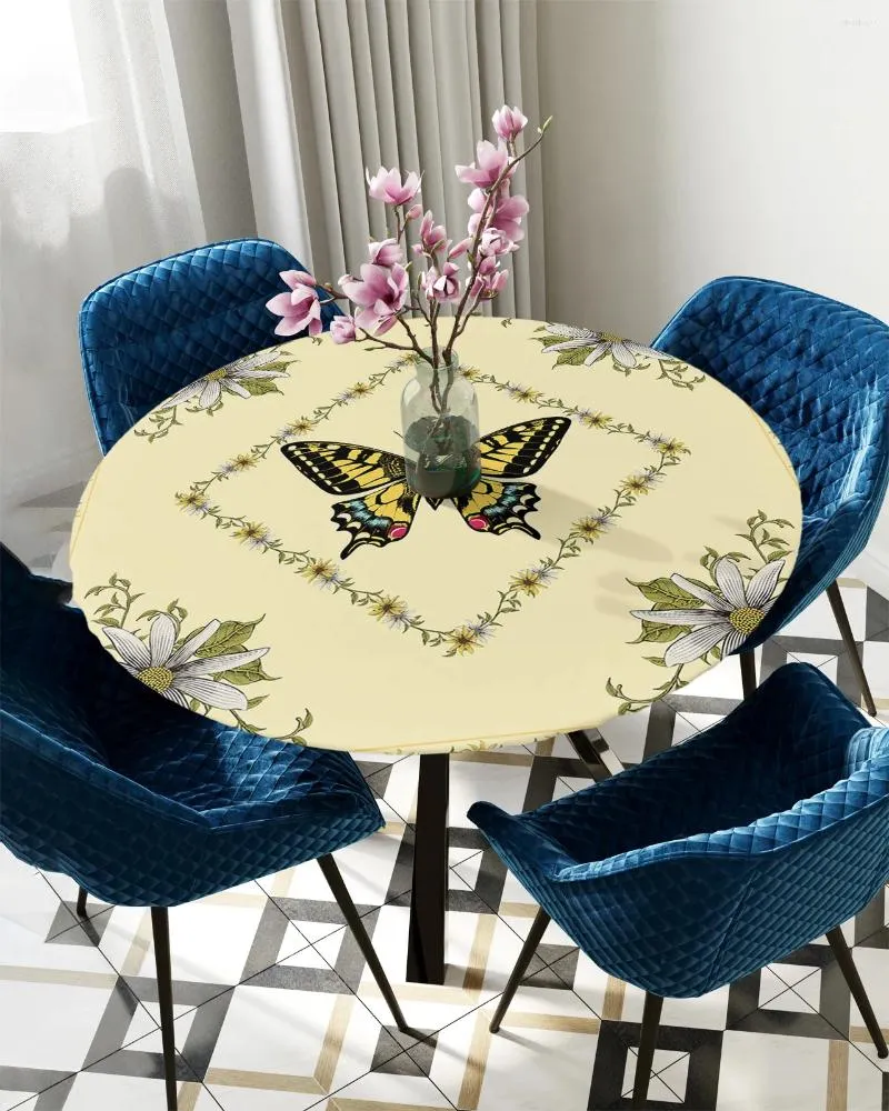 Table Cloth Daisy Flower Butterfly Round Tablecloth Elastic Cover Indoor Outdoor Waterproof Dining Decoration Accessorie