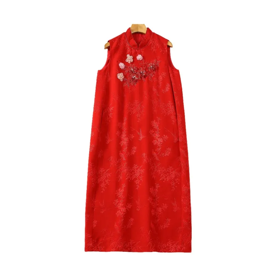 Spring Red Floral Print pärlor Jacquard Dress ärmlösa stativkrage paljetter midi casual klänningar s4m110303 plus storlek xxl