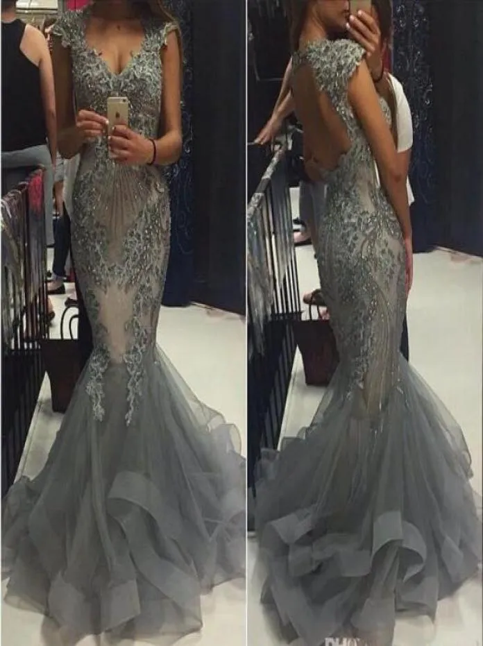 Elegant Grey Organza Mermaid Prom Dresses Scoop Capped SLEEVES Backless Formal Evening Gowns 2016 Vestidos Beaded Appliques Party 2080257