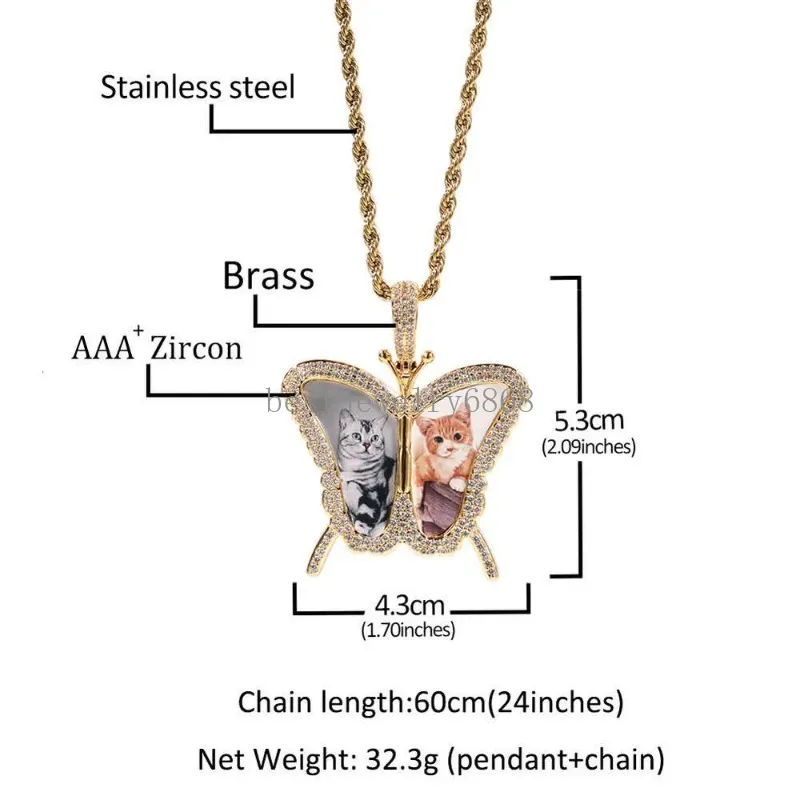 أزياء مخصصة صورة الفراشة إطار قلادة قلادة لامعة الزركونيا Zirconia أعلى جودة الهيب هوب قلادة المجوهرات الموضة هدايا ذوي الياقات
