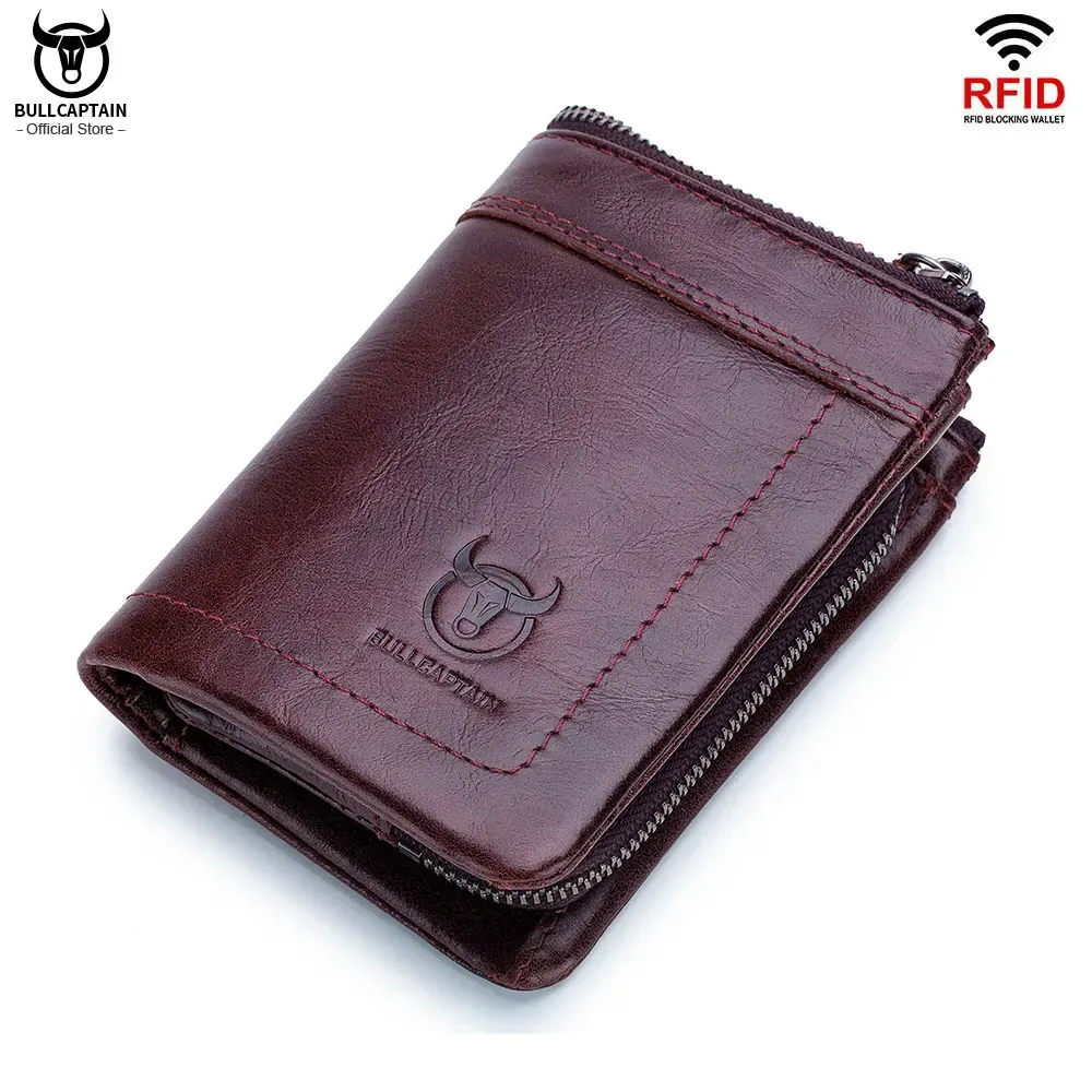 Brieftaschen Bullcaptain RFID Mode Leder Herren Brieftasche Retro Short Wallet Clutch Bag Herren Reißverschluss Brieftaschenkartentasche Münze Münze