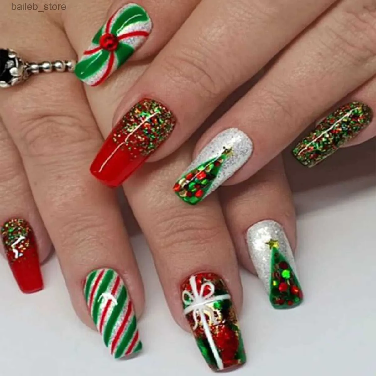 False Nails 24Pcs Christmas Ballet False Nails Long Coffin Press on Nails Wearabe Fake Nails with Snowflake Design Full Cover Manicure Tips Y240419