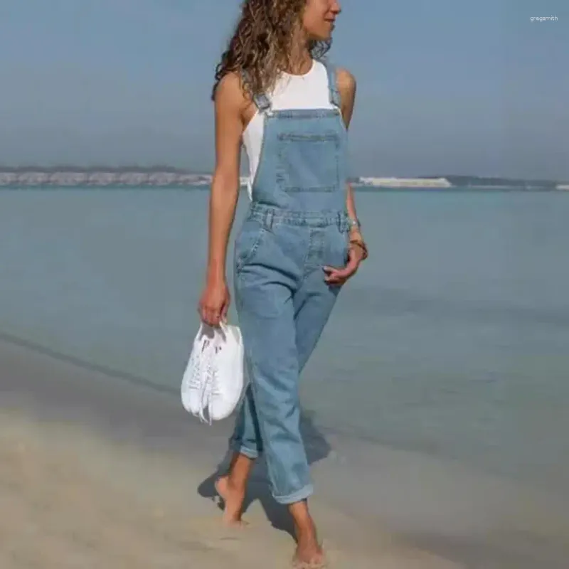 Pantaloni da donna in denim in denim con tasche strofinate in difficoltà per la tuta più dimensioni cinghie regolabili