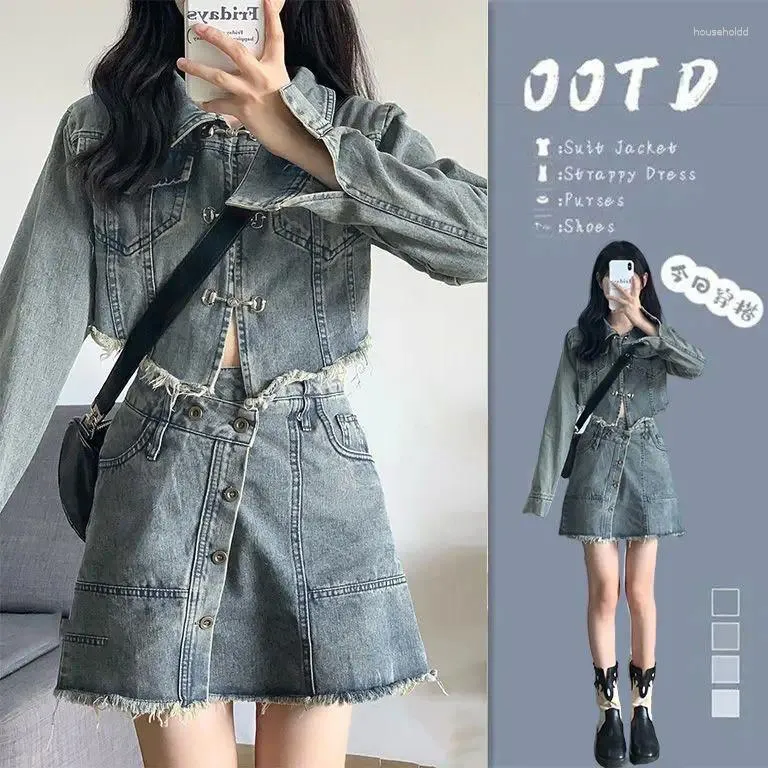 Work Dresses Spring And Autumn American Style Fashion Women's Short Denim Suit Jacket Coat Hong Kong A-line Skirt Girl Two-piece Set