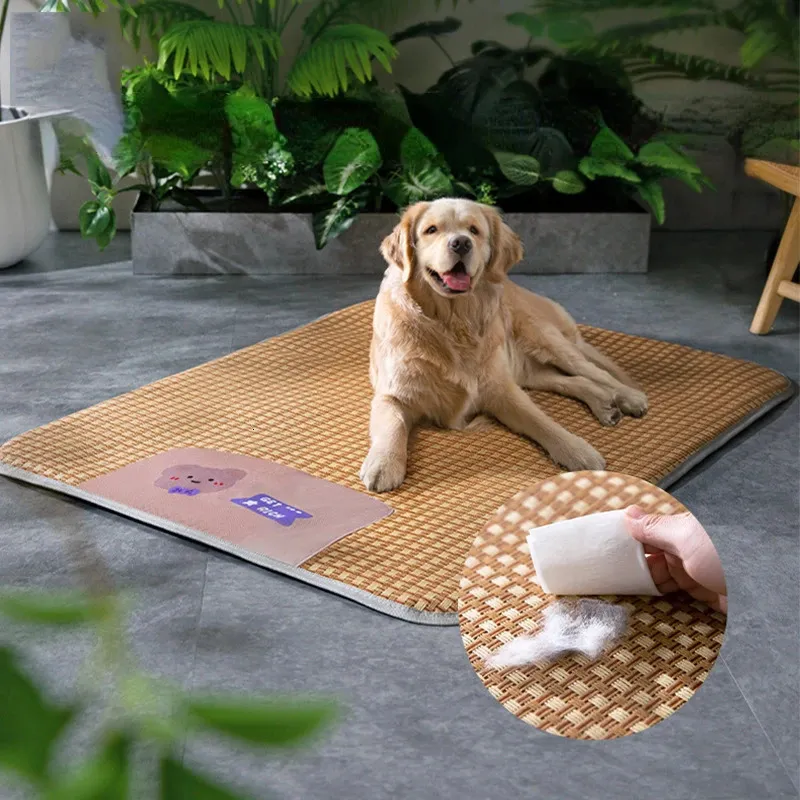 Summer Pad Mat Rattan Weave Breattable Dog Cooling Cat Nonslip Sleeping Rest Cushion Pet Antibite Wearresistant Nest 240418