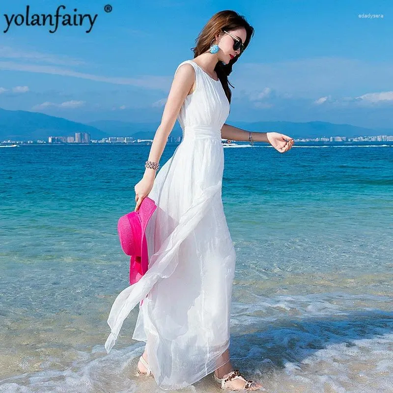 Casual Dresses 2024 White Silk Dress Female Long Summer Beach Korean Clothes Party Vestidos De Verano 9925 KJ4591