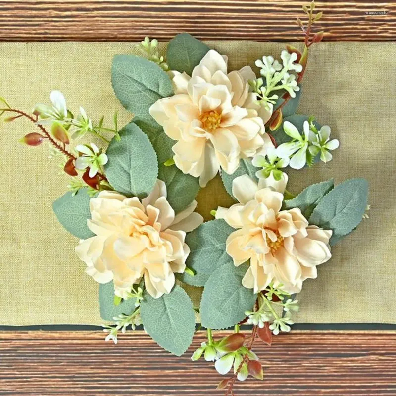 Decorative Flowers Candlestick Garland Elegant Artificial Dahlia Wreath Candle Ring With Green Leaves Flower For Home Wedding Party Table