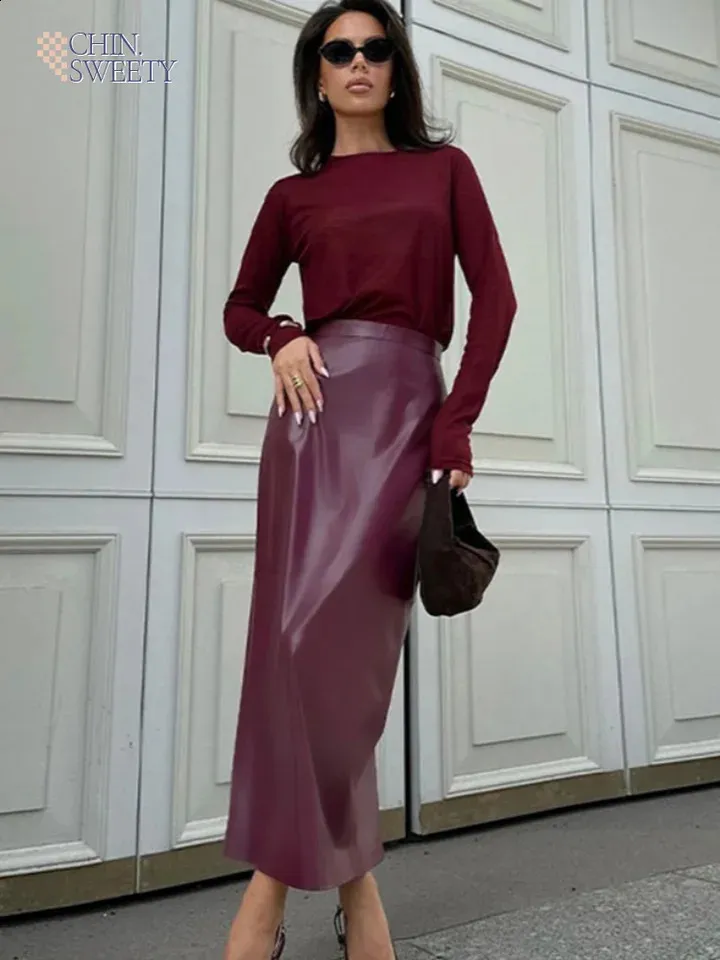 Save Big on Bulk Long Red Leather Skirt Burgundy High Waist Long Pencil  Skirt Vintage Red Leather Maxi Skirt With Back Slit For Women Fall Winter 