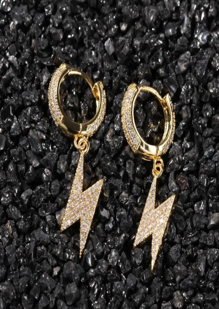 Mens Gold Lightning Fashion Hip Hop Jewelry Full Cubic Zircon Womens Silver Dangle Hoop Earrings2520058