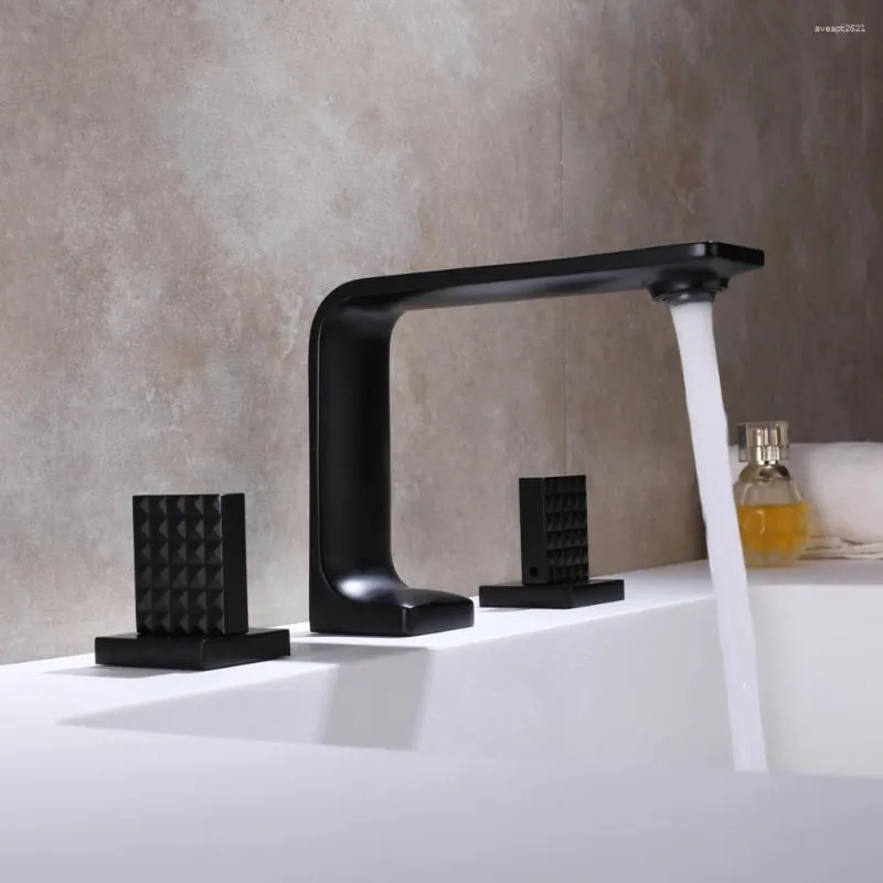 Robinets de lavabo de salle de bain design de mode de qualité supérieure robinets noirs en laiton 3 trous 2 poignées mixage de bassin robinet en cuivre baignier d'eau froide
