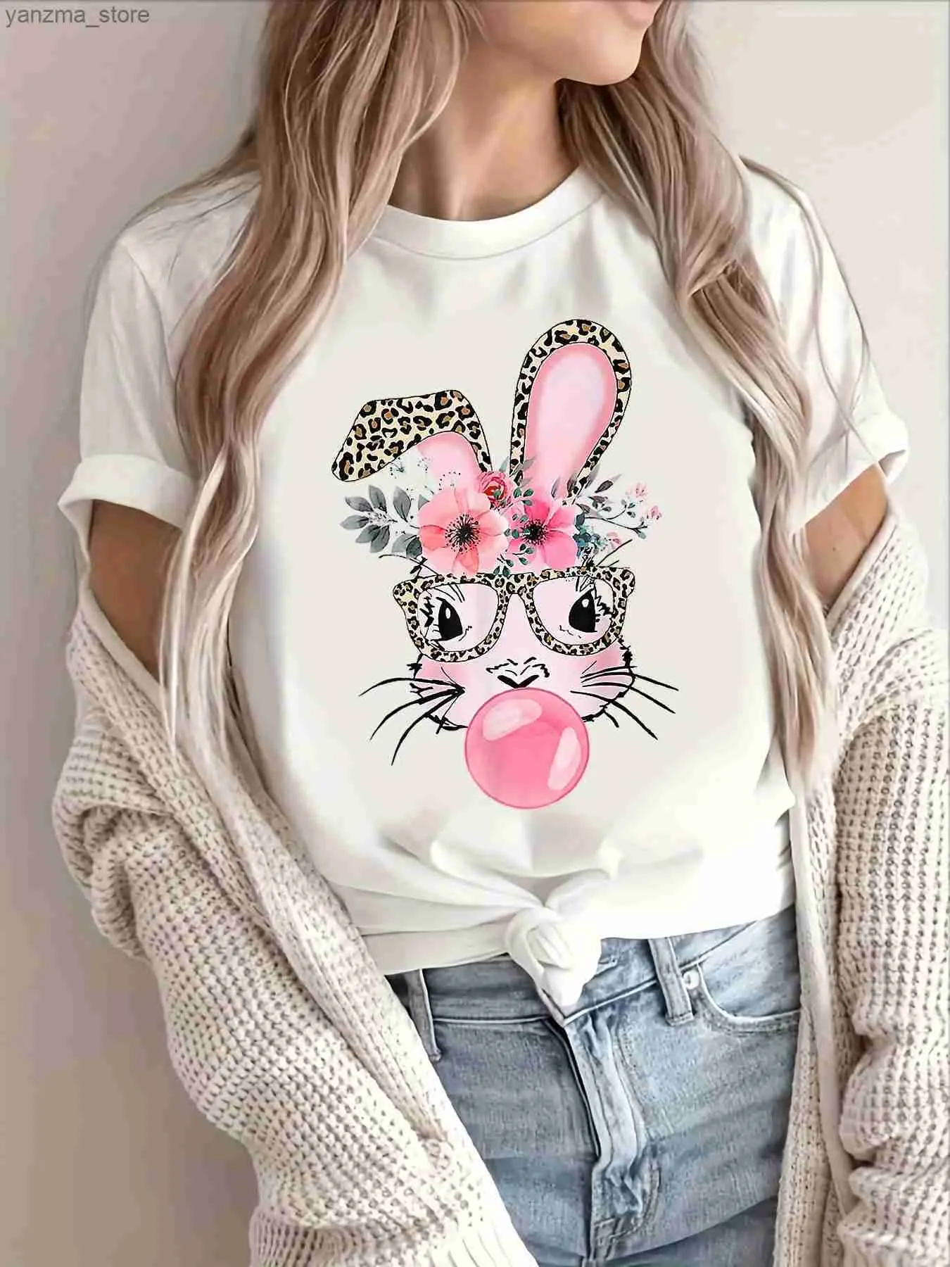 Women's T-Shirt Rabbit Print Crew Neck T-Shirt for Women - Casual Short Slve Top for Spring Summer Y240420