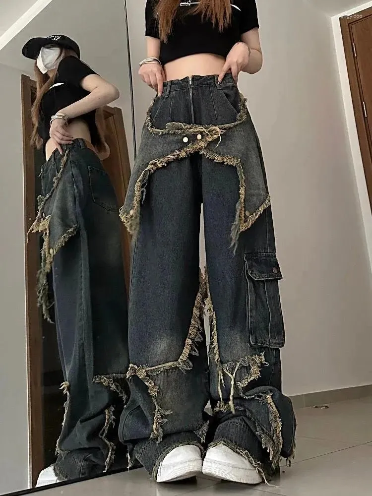 Frauen Jeans JMPRS Y2K Tassel Frauen Streetwear Vintage High Taille Hip Hop Female Denim Cargo Hosen BF Entworfene Tasche Jean