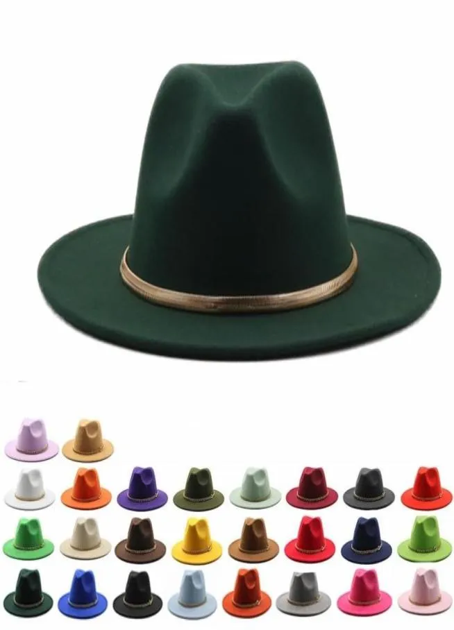 Brede rand hoeden Simple Dark Green Women Fedora Jazz Hat Brits stijl Trilby Party Formele Panama Cap Dress Cowboy Autumn9555748