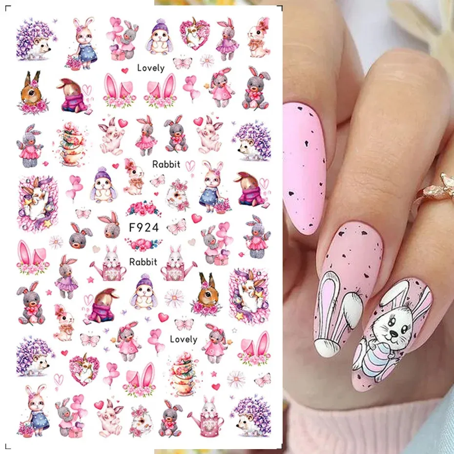 Easter Bunny Nail Stickers Cute Cartoon Rabbit Animal Heart Flower Lucky Words 3D Slider Valentine Manicure Accessories 240418