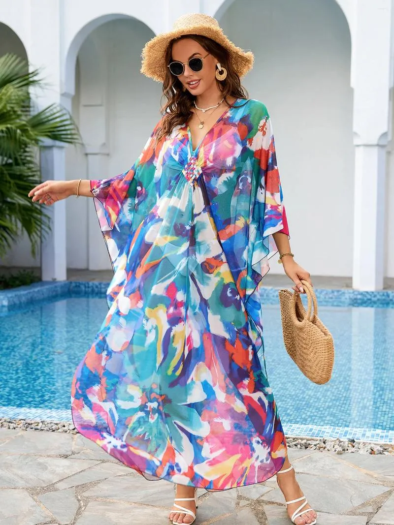 Kleurrijk strand bedekt voor vrouwen plus maat kaftan badpak lange chiffon flowy losse maxi jurk badmode tuniek Q1559