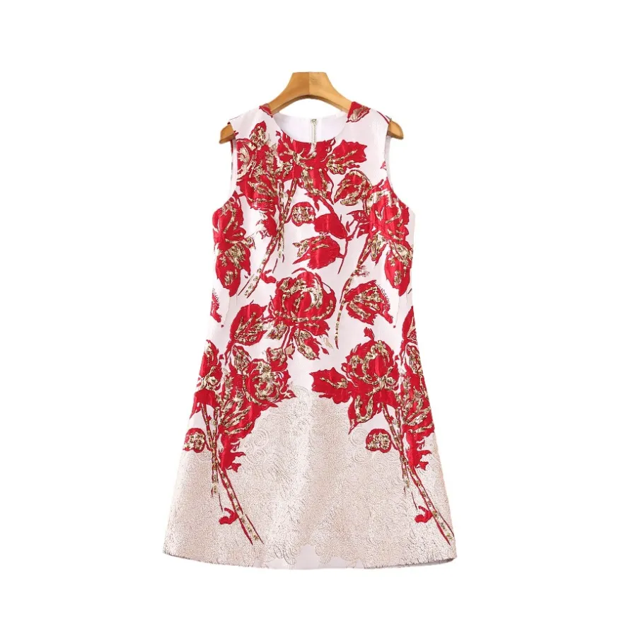 Printemps rouge floral jacquard robe perlée sans manches couches de cou rond se paillettes courtes robes décontractées s4m150315