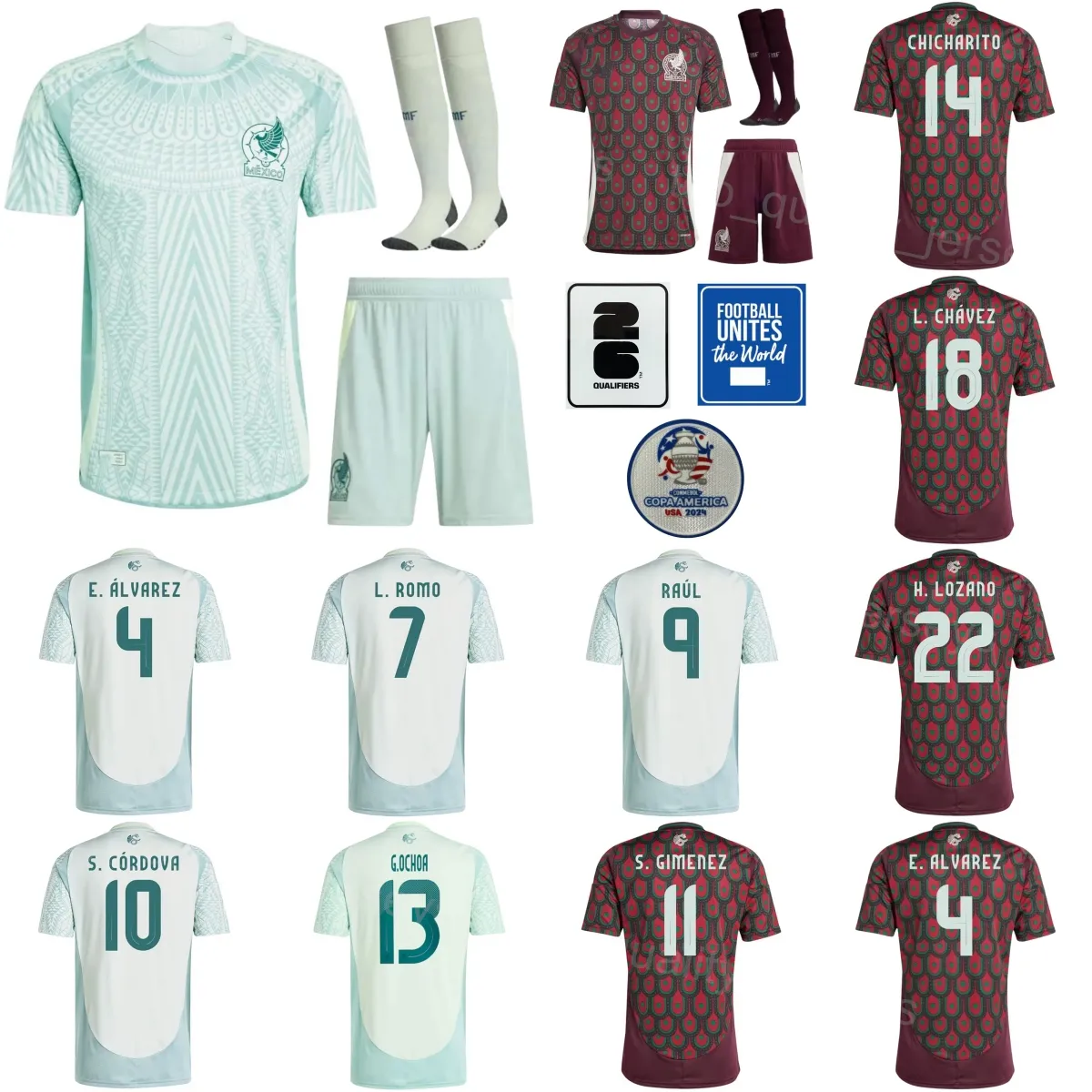 Maglie da calcio messicane della squadra nazionale per uomini giovanili Messico Alvarez Chavez Pineda Quinones Gallardo Vasquez Lozano Martin Ochoa 24-25 Copa America Football Kits