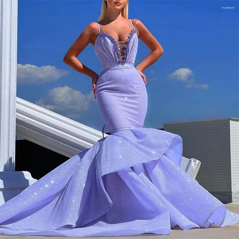 Partykleider Glitzer Lilac Deep v Hals Abendkleider Kristalle Geburtstagskleid Spaghetti Straps Meerjungfrau Prom Sukienki Imprezowe