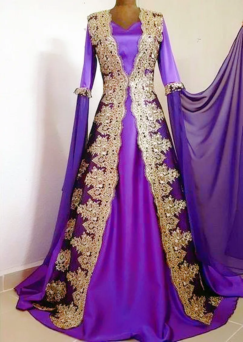 Elegant Gold Lace Appliques Caftan Evening Dresses Flare Long Sleeves A Line Purple Formal Occasion Gowns Arabic Moroccan Kaftan Turkey Prom Dress For Women