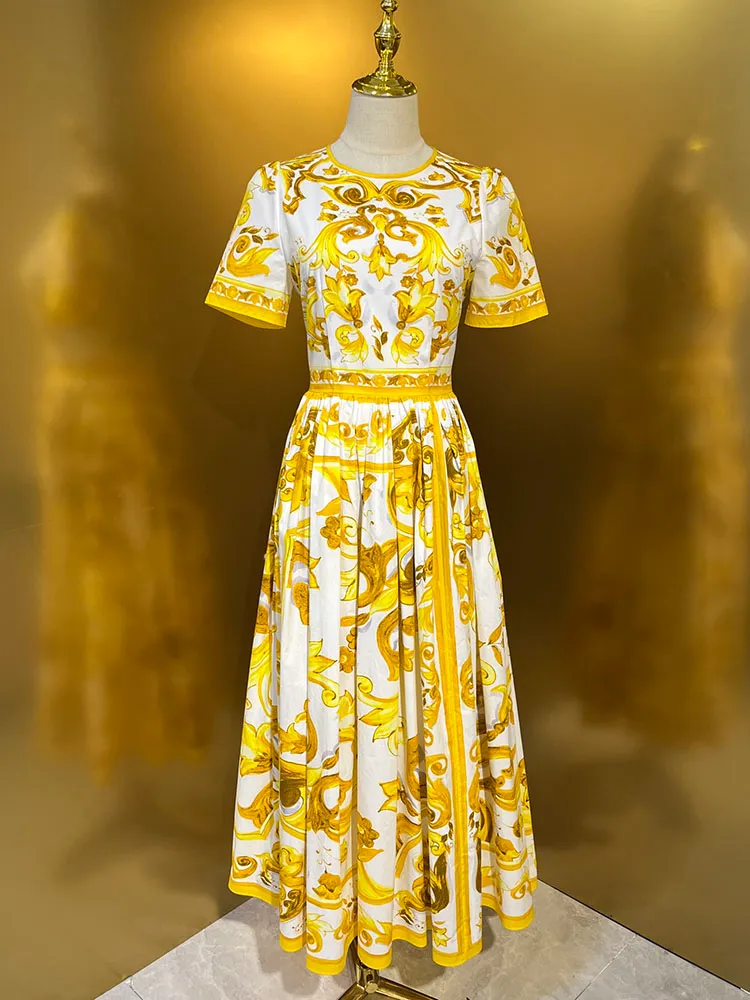 Fashion Yellow Pocelain Printing Dress Spring Summer Women 100% Cotton Vintage Vestidos Hight Street