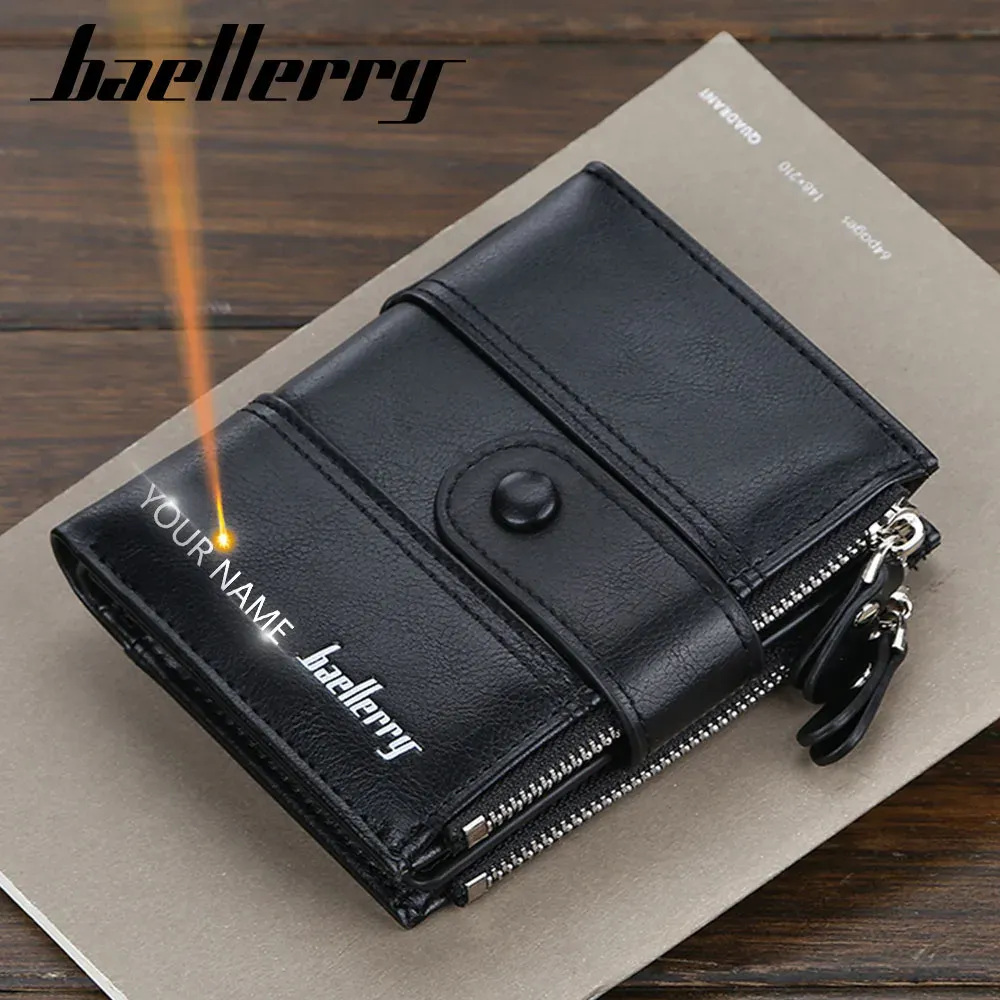 T-shirt Free Name Engraving Men Wallets Card Holder Double Zipper Pocket Men Purse Solid Coin Pocket High Quality Male Purse