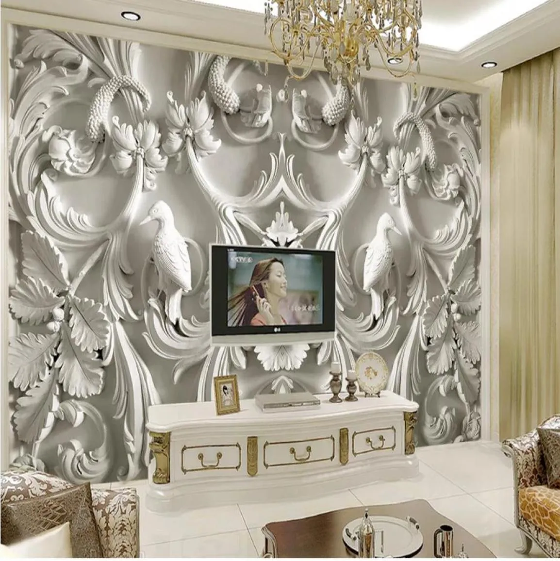 Papel de parede moderno para sala de estar clássico branco simples europeu em relevo 3d tv background wall pintiing5998355