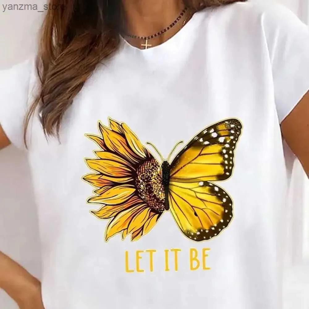 Camiseta para mujeres Butterfly de flores de talla grande Linda tendencia de los 90 Camiseta Damas Fashion Top Top Clothing Grahic Short Short Slve Impresión Y240420