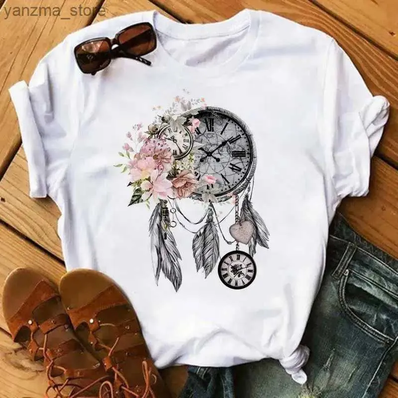 Damen T-Shirt Fashion Dream Catcher T-Shirt Damen Harajuku Flachdruck T-Shirt Mode Crew Hals kurz Silber Plus Größe T-Shirt Unisex Y240420