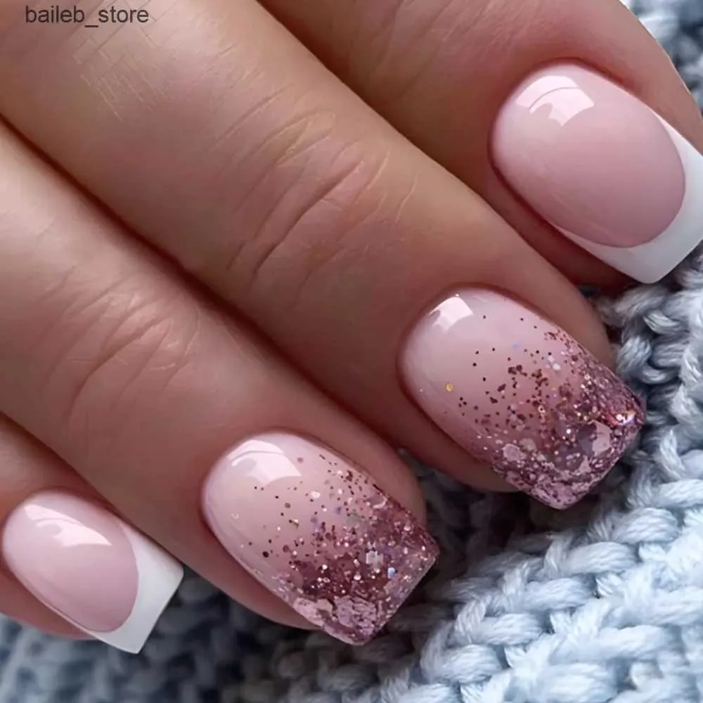 False Nails 24Pcs Short White Edge False Nails Simple Pink Glitter with Rhinestones French Design Wearable Fake Nails Press on Nail Tips Art Y240419 Y240419