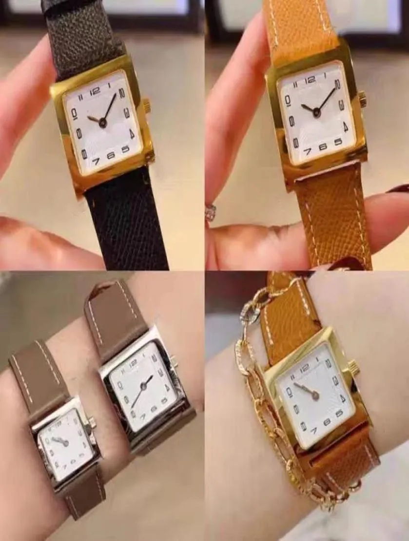 21mm 26mm جلدية حقيقية الشعار الشعار wristwatch Silver Gold Square Dial Watch for Lady Girls Women Brand Brand Christmas Gift2401914