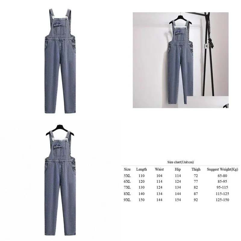 Womens Plus Size Hosen 150 kg Frühling Herbst Denim Overalls Lose ein Stück breites Bein gerade blaues Hüfte 154 cm 5xl 6xl 7xl 8xl 9xl R2S9 DR DHEOY