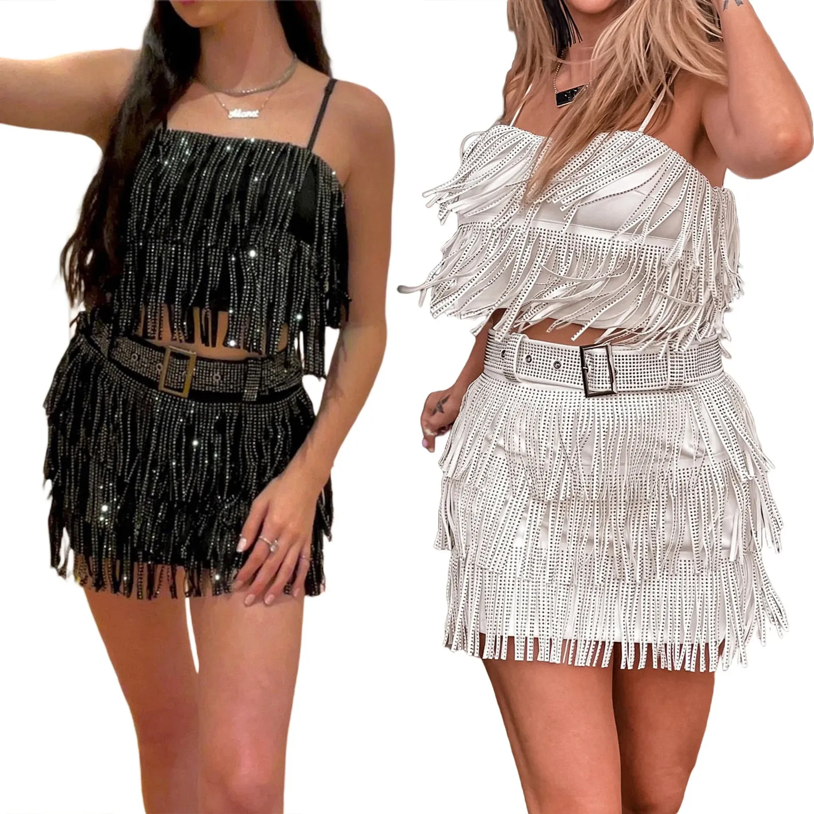 Kvinnors ärmlösa paljetter Camisole Tanks toppar avslappnad hög midja a-line kjolar med Belt 2 PCS Glitter Tassel Outfit 240403