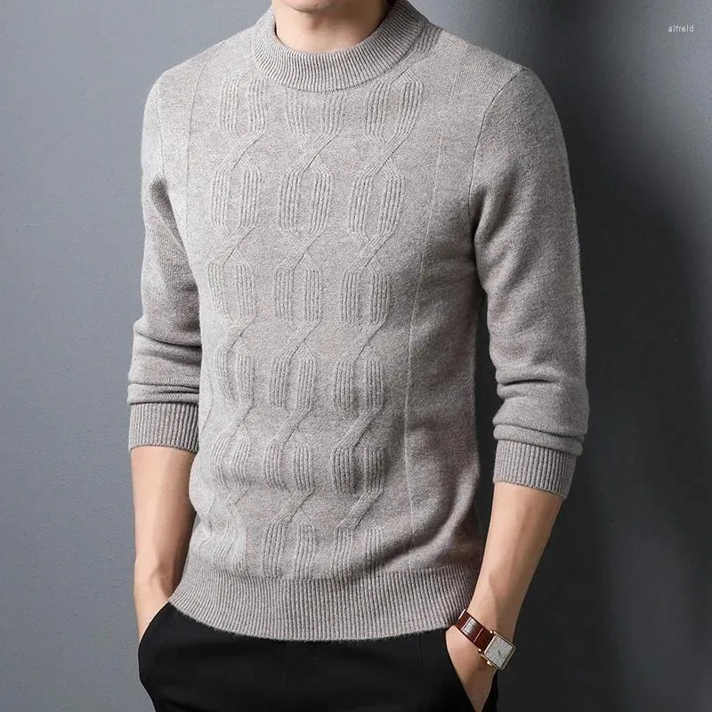 Men's Sweaters Pure Wool Thickened Warm Sweater Winter Solid Color Men Jacquard Business Casual Slim Fit Brand Round Neck Knit Pullover