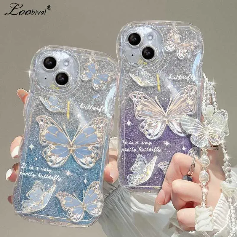 Caisses de téléphone portable Flash Butterfly Gradient en dentelle pour iPhone 14 13 Pro Max 12 11 x xs 8 7 plus SE Bracelet Soft TPU Wave Cover J240418