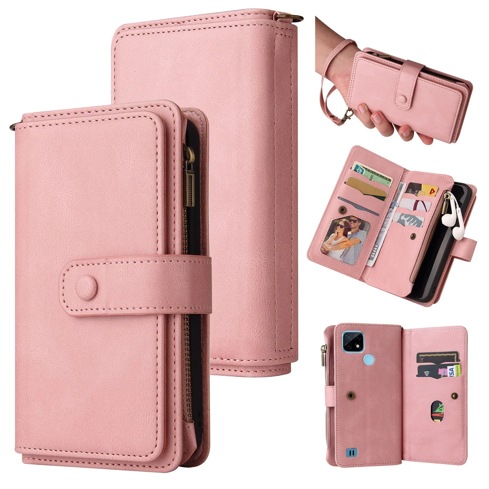 حقائب محفظة حقيبة سحاب للعالم C21 C15 C12 C11 V13 V5 Vintage Leather Handbag Card Pocket Case for Realme 8 Pro GT