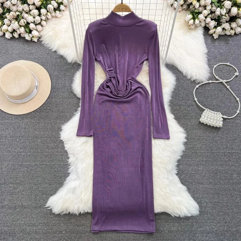 Sukienki zwykłe stojak z długim rękawem elegancka plisowana sukienka bodycon elastyczna szczupła impreza klub vestidos vintage moda jesień kobiety