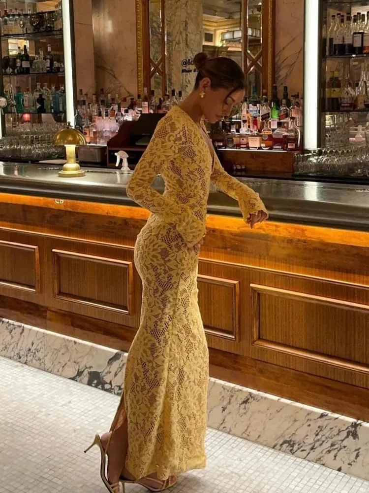 white christmas dresses Ivonne Lace Trim V-Neck Maxi Dress Yellow main image 0