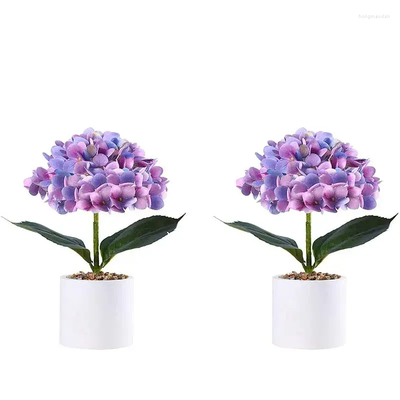 Flores decorativas Flor de hortensia artificial con maceta blanca Púrpura Juego de 2 jarrones para decoración del hogar Bouquet Lily the Valley