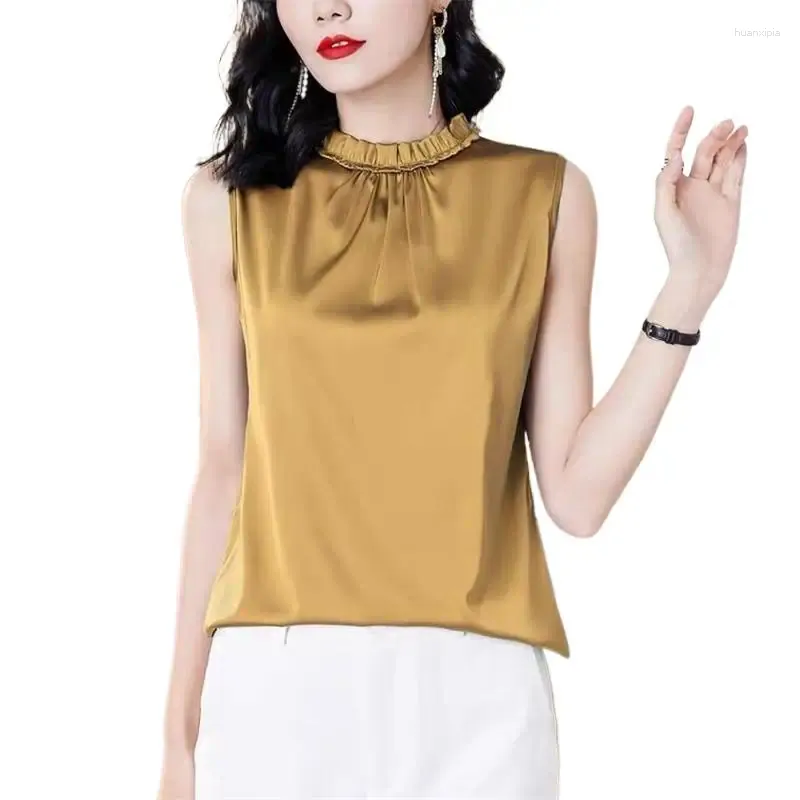 Women's Blouses Korean Sweet Elegant Versatile Ice Silk Shirts Fashion Lotus Leaf Collar Acetate Satin Vest Tops Office Lady Wild Chiffon