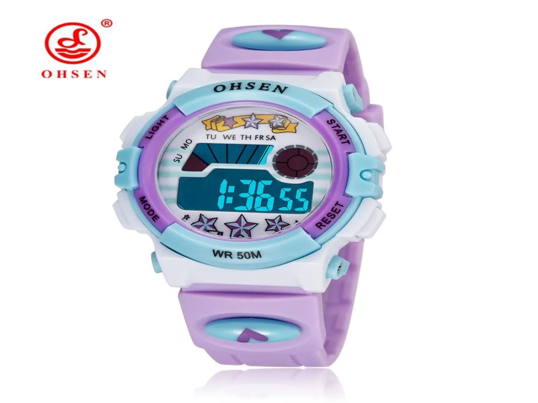 2017 New Ohsen Brand Digital LCD Children Children Kids Sports Wrist Wrists Purple Rubber Strap Chronograph Alarm Date Cartoon Girls Watche9531424
