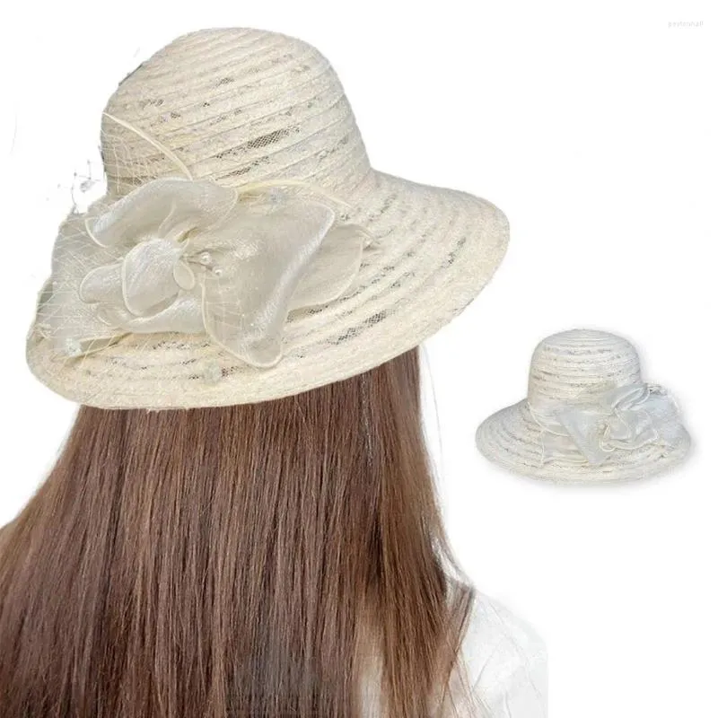 Geniş Memlu Şapkalar Dantel Şapka Zarif Dikiş Plajı Büyüleyici, Sahte İnciler Çiçek Dekor Yaz Kadınların Kova Çiçeği
