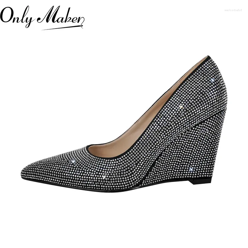 Dress Shoes Onlymaker Women Rhinestone Pointed Toe Wedge Heel Pumps Slip On Wedding Office Big Size Lady