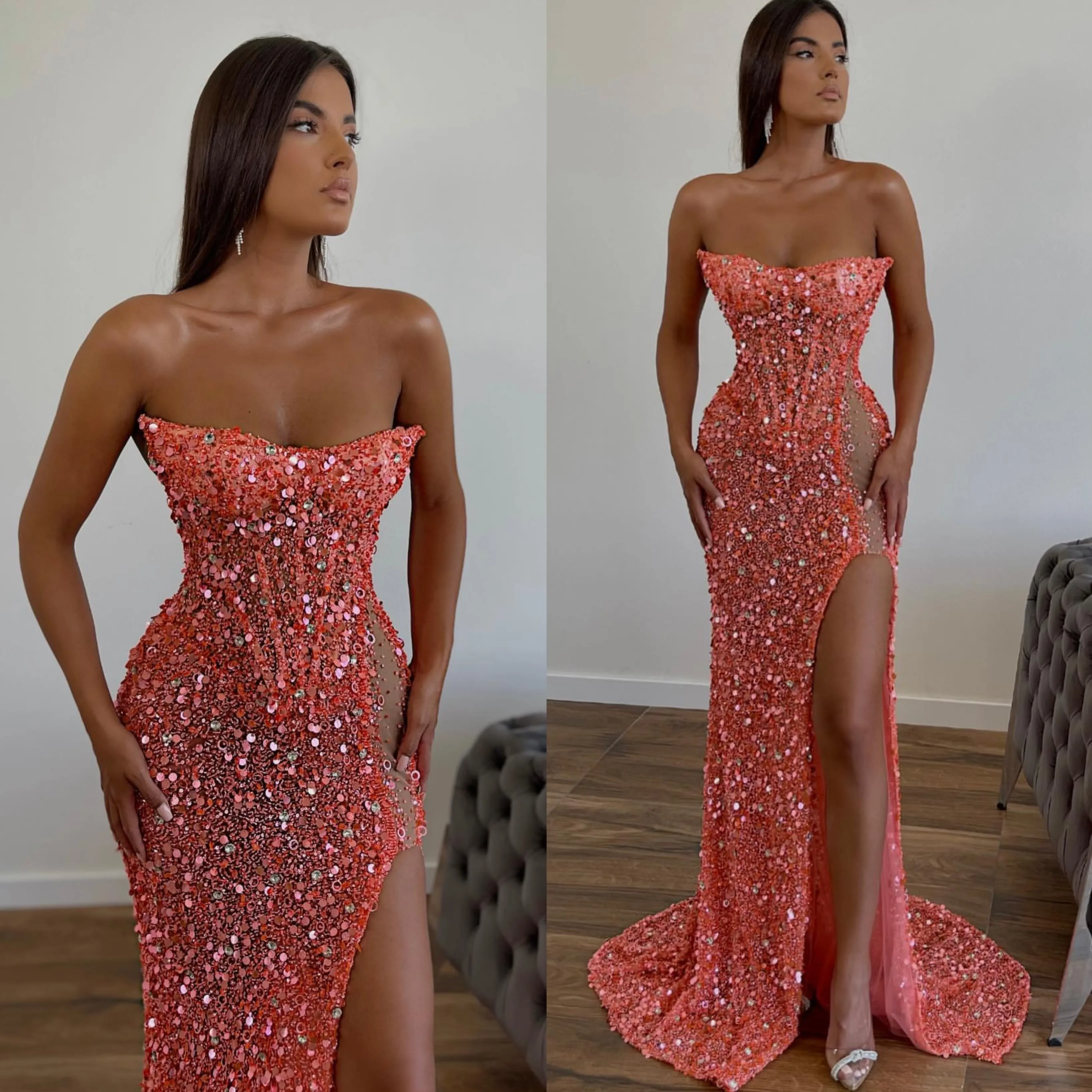 strapless open back dress Hot Coral Long Beaded Prom Dress with Lace-Up Back PromGirl