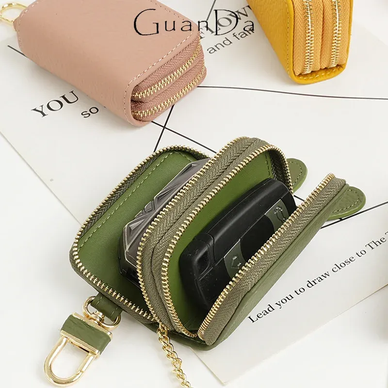 Wallets Genuine Leather Woman Man Mini Key Wallet Fashion Portable Car Business Key Ring Zipper Luxury Casual Custom Name Cowhide Purse