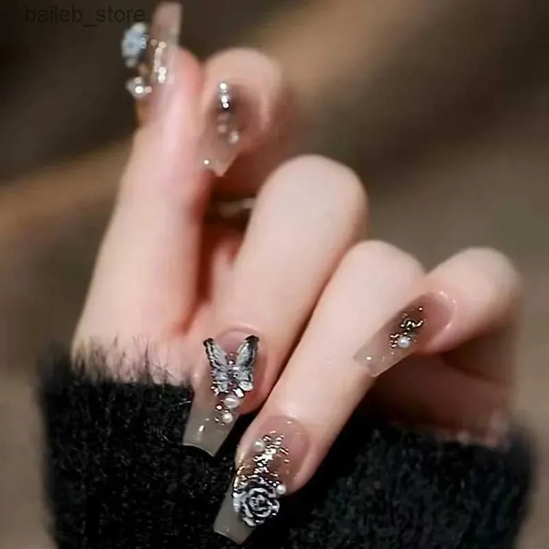 False Nails 24Pcs False Nails with Glue Long Ballet Rhinestone Crystal Butterfly Fake Nails Flower Design Wearable Press On Nail Tips Y240419