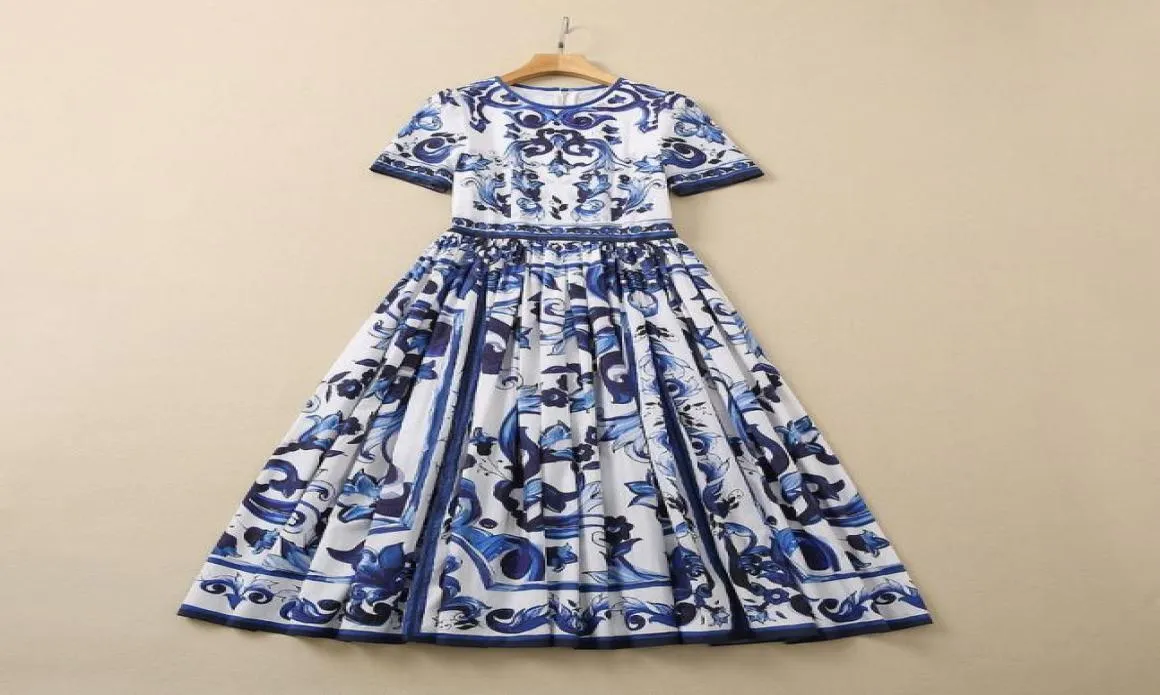 2022 zomer herfst korte mouw ronde nek blauw paisley print katoenen panelen middencalf jurk elegante casual jurken 22Q1923157847321