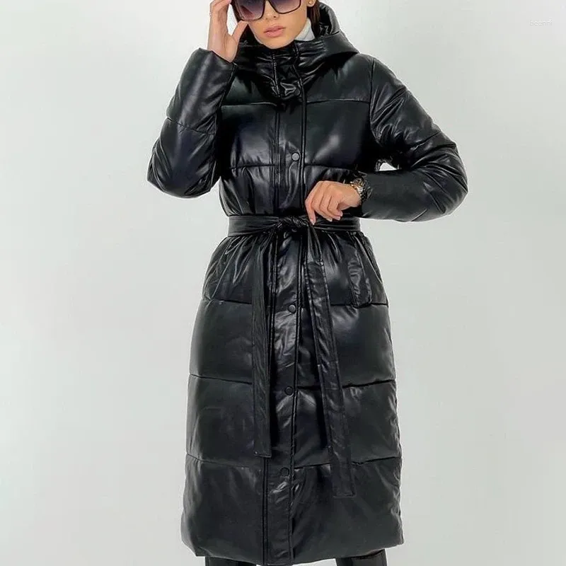 Mulheres no ar YANA Moda Tirada cinto grosso Pu Parkas Mulheres elegantes Faux Leather Coats Inverno Inverno Longo Longo Cotton Jackets