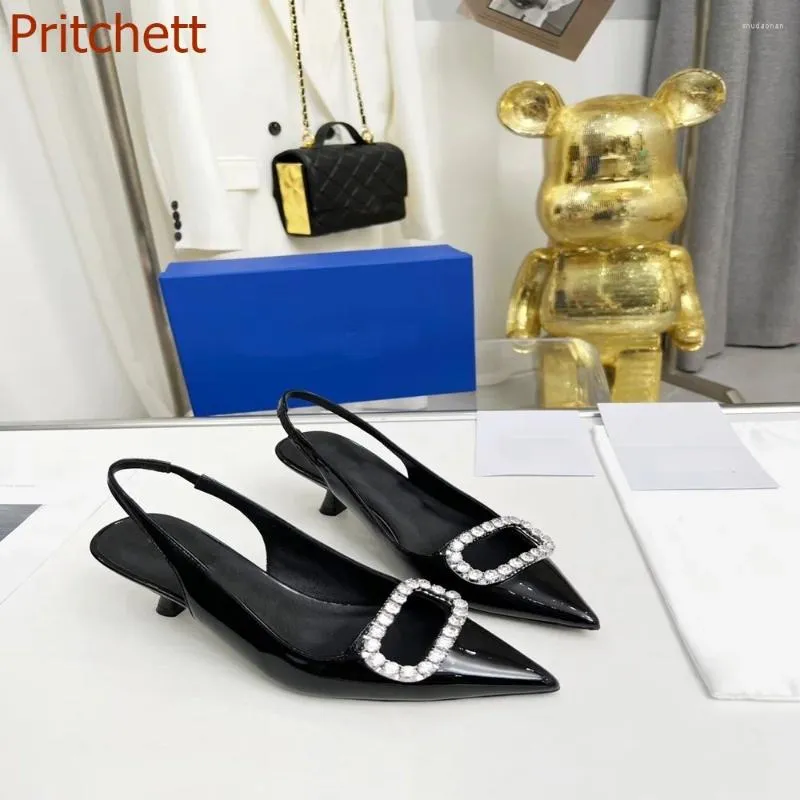 Dress Shoes Pointed Toe Square Diamond Women Pumps Solid Black Silver Slingback Rhinestone Blingbling Kitten Heel Fashion Party