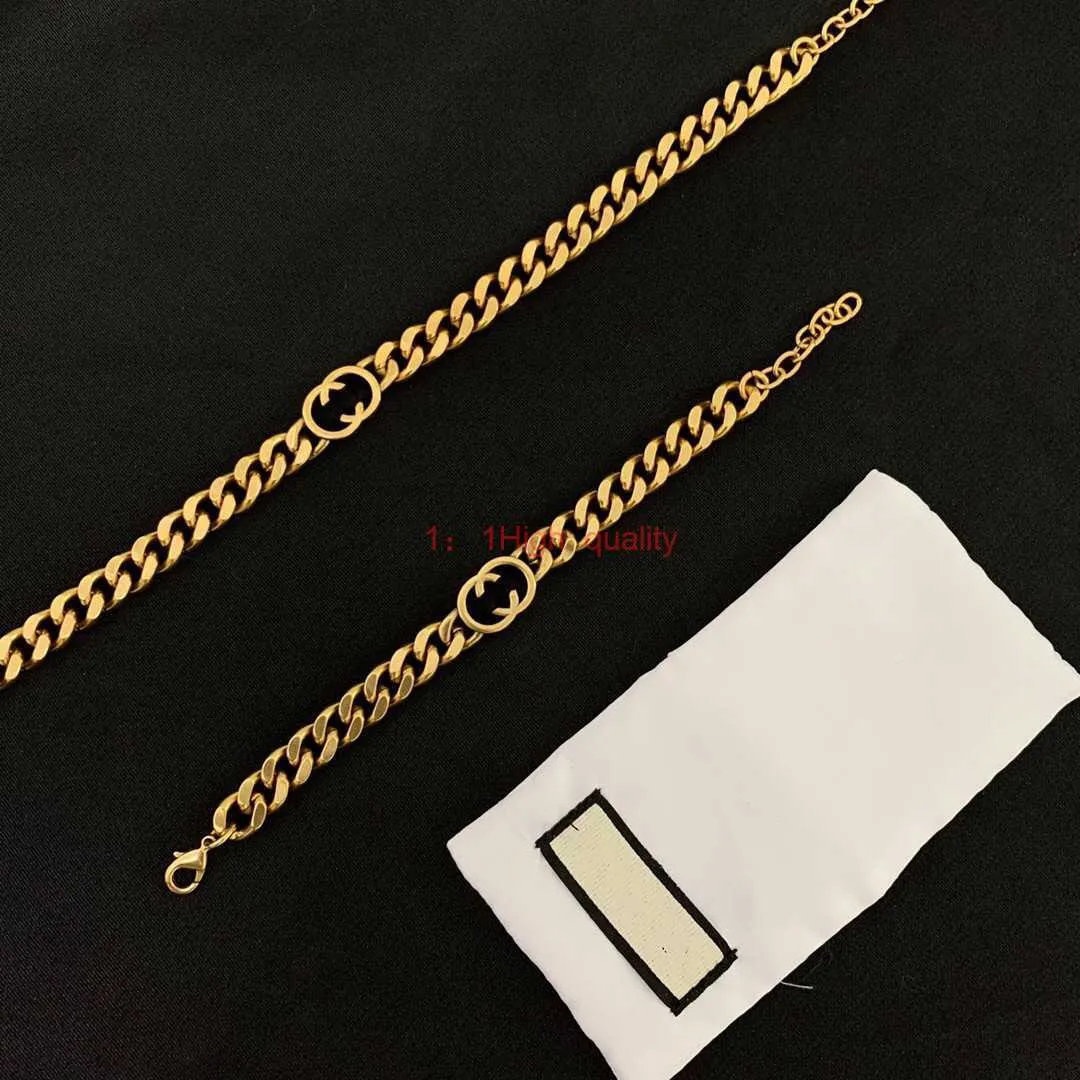 Zware ketting armband oorbellen bungle merkzegel Originele luxe letter g choker kort 45 cm extender keten 5 cm meisje vrouwen mannen jongen gouden sieraden set